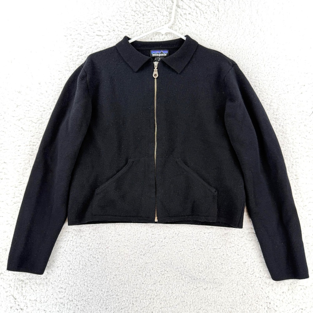 Patagonia Sweater Womens Large Black 100% Wool Full Zip Collared W800S Pockets